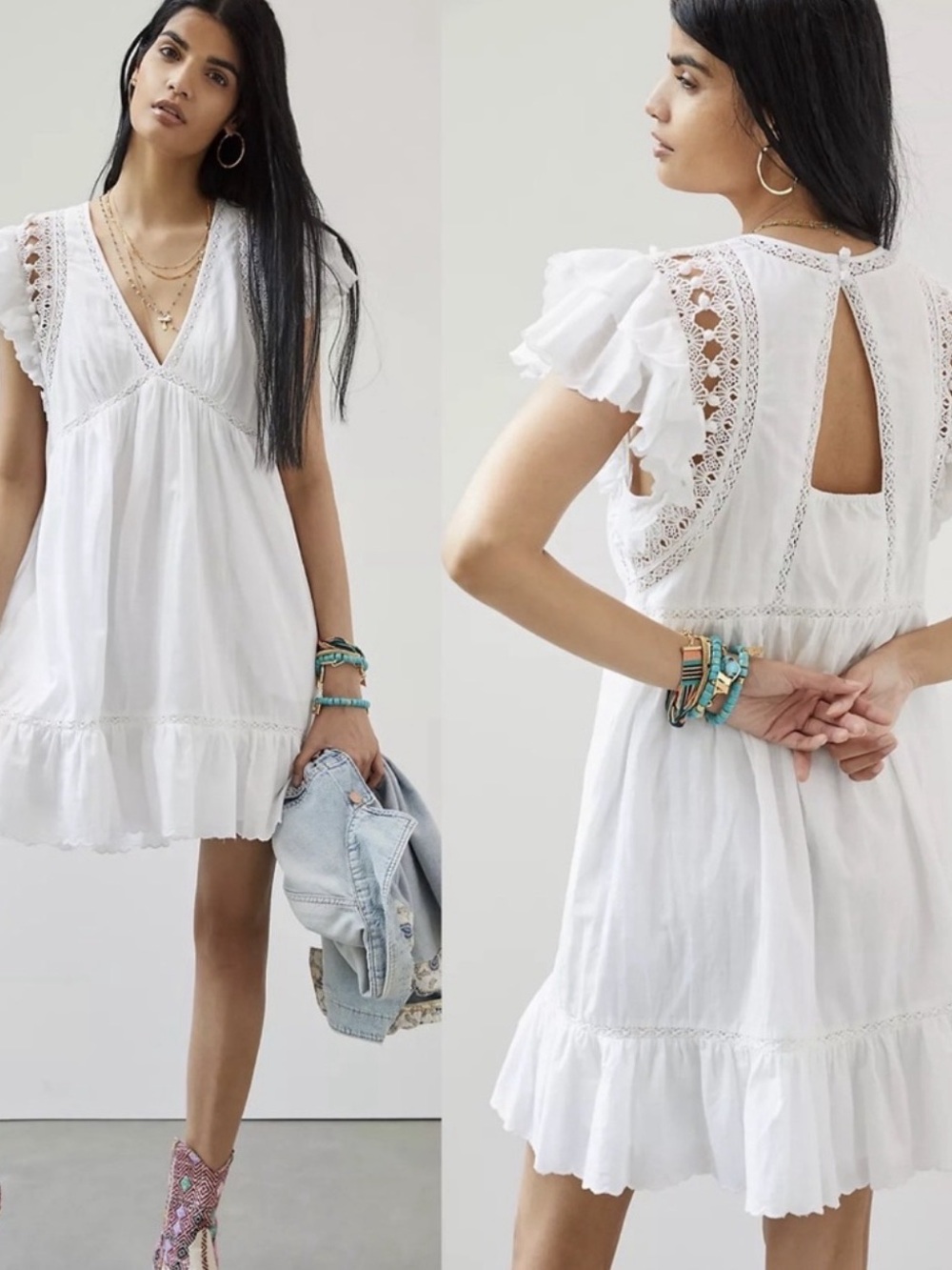 Anthropologie Ruffled Lace Mini Dress White 100% Cotton